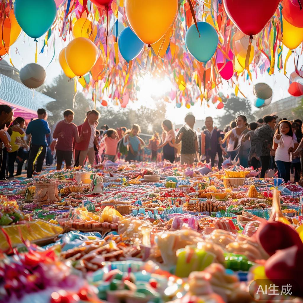 当天清晨，现场布置得五彩缤纷，气球和彩带交织在一起