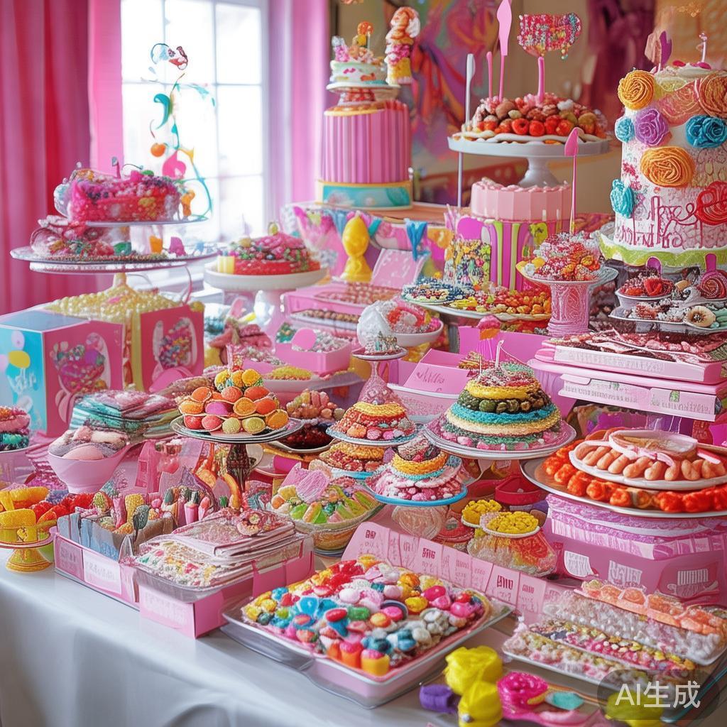 糖果派对的灵魂在于丰富多样的甜品。各种色彩缤纷的糖